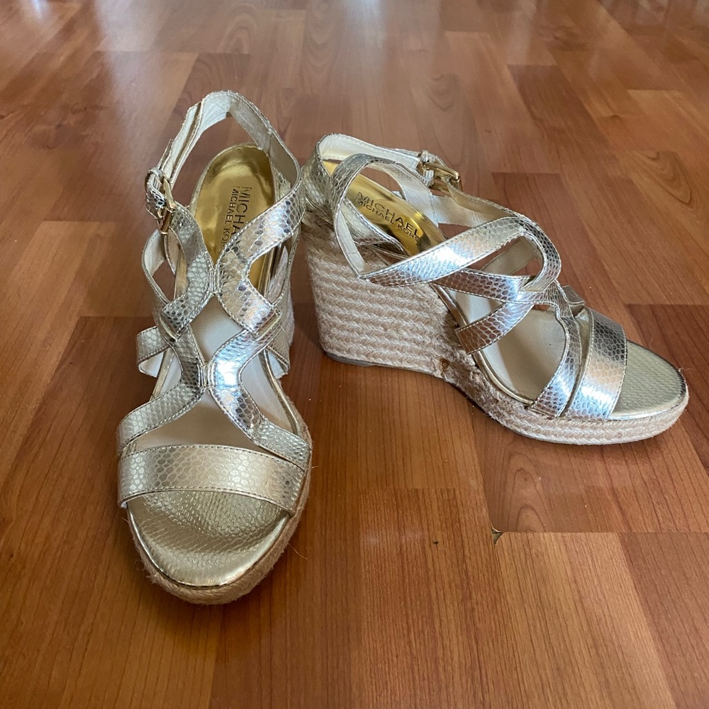Michael Kors gold espadrille wedge sandal. Size 8.